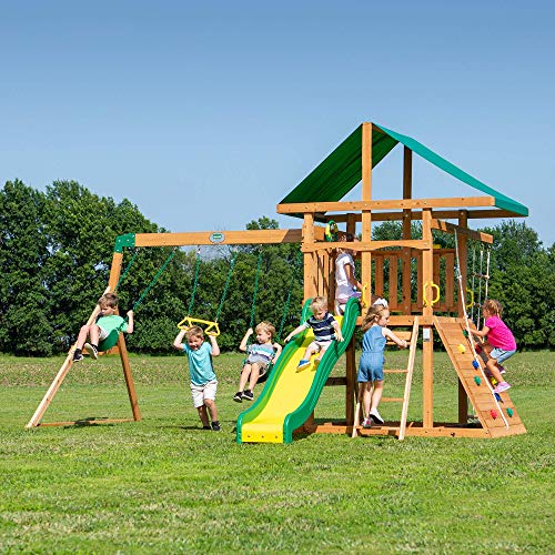 Backyard Discovery Mount McKinley All Cedar Wood Swing Set, Playground for All Kids Age 3-10, Rock Wall, Wave Slide, Fort, Double Rock Climber and Backyard Discovery