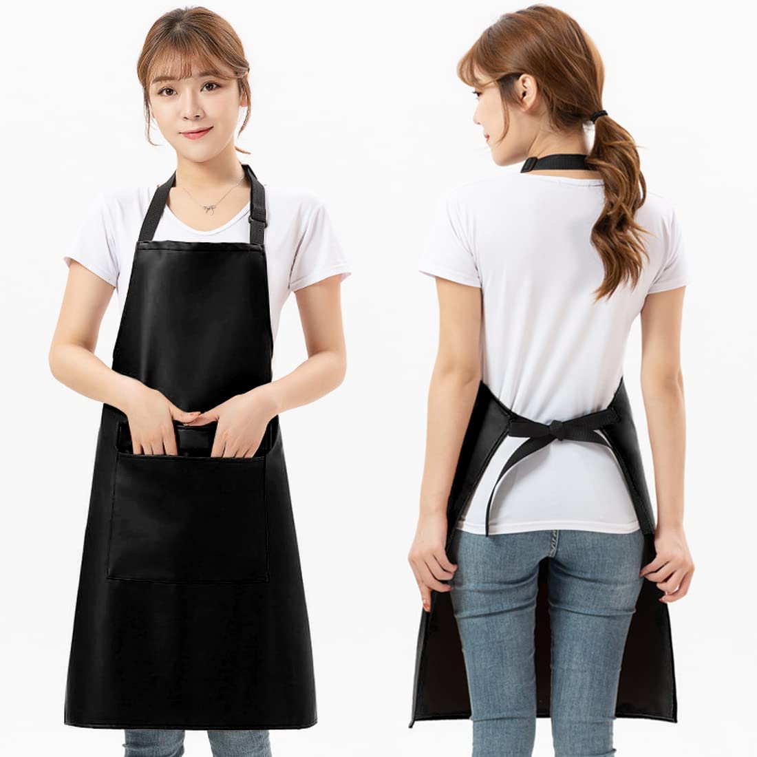 RUIFYRAY Black Vinyl Leather Apron with Pockets for Women, Waterproof for Kitchen, Cooking, Dishwashing, Dog Grooming RUIFYRAY
