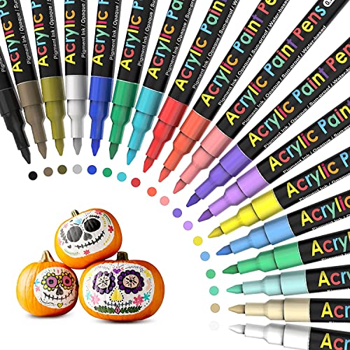 Acrylic Paint Pens Paint Markers Set of 18: Fine Point for Rock Painting Glass Wood Ceramic Fabric Metal Canvas Easter Eggs Pumpkin Kit, Drawing Art