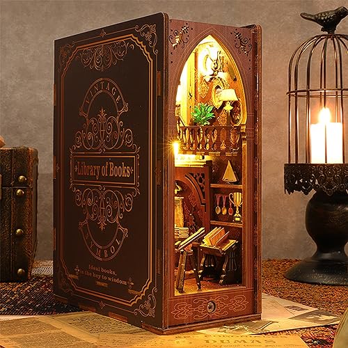 ISSEVE DIY Book Nook Kit, 3D Wooden Puzzle DIY Miniature House Kit for Book Nook Shelf Insert Decoration, Magic Book House Stand Bookshelf Dollhouse ISSEVE