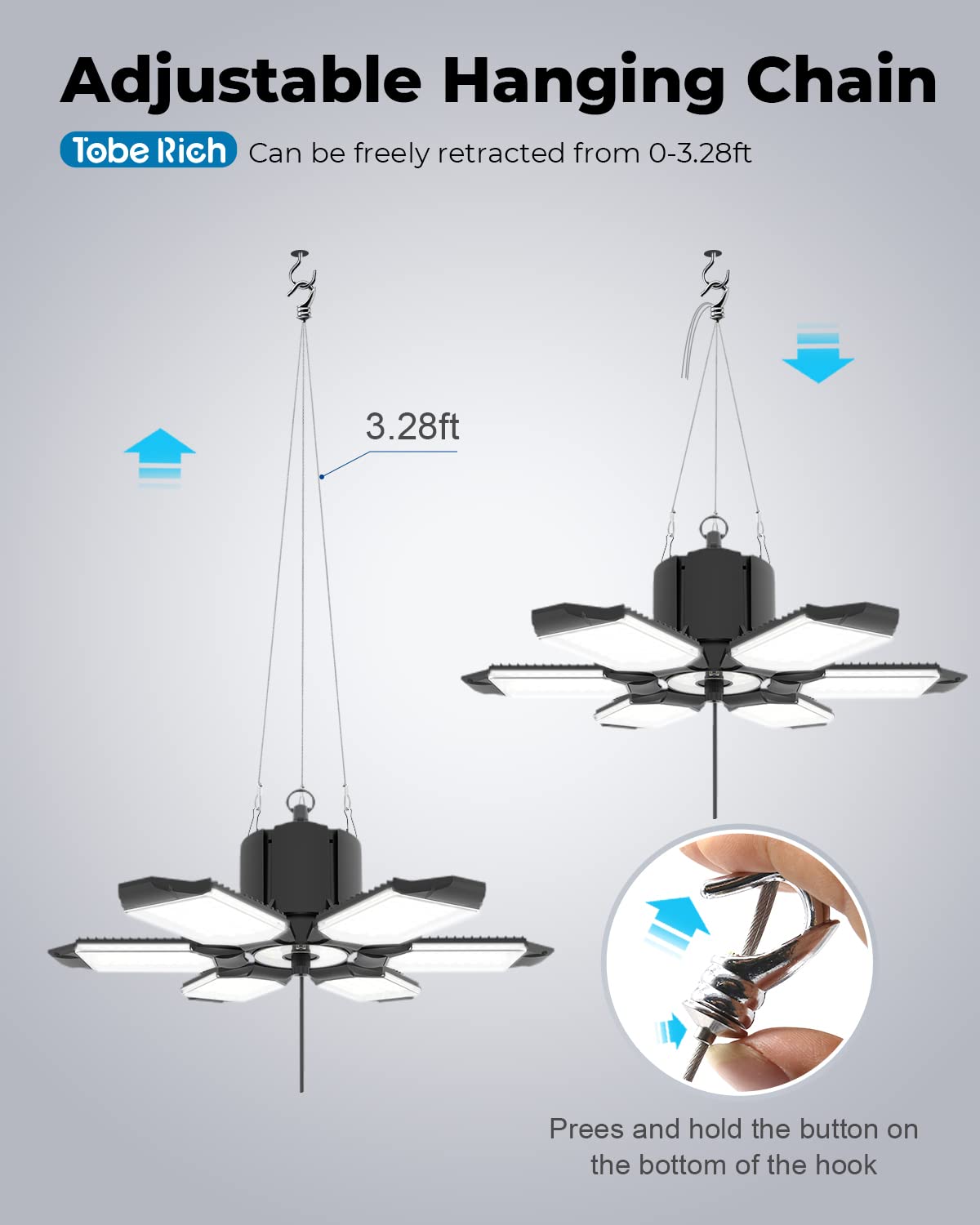 toberich 2-Pack Plug in Garage Light, 200W 20000LM Linkable LED Shop Light w/Pull Chain(ON/Off), 6+1 Deformable Panels, 6500K LED Ceiling Lights for toberich
