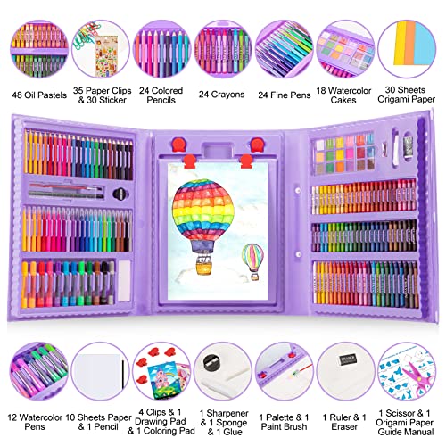 Art Supplies, 272 Pack Art Set Drawing Kit for Girls Boys Teens Artist, Deluxe Gift Art Box with Trifold Easel, Origami Paper, Coloring Pad, Drawing POPYOLA