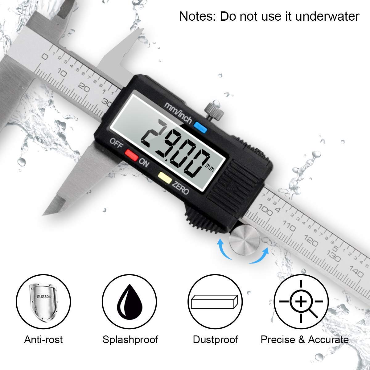 Caliper Measuring Tool, Qfun Vernier Digital Caliper Stainless Steel 6 Inch/150mm, Digital Micrometer Waterproof, Easy Switch from Inch to Qfun