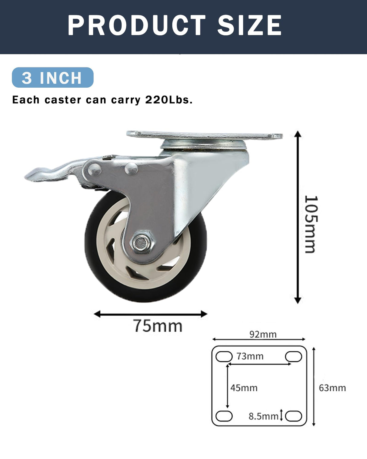 AOTAISP 3 Inch Heavy Duty Casters Load1000lbs Bearing Plate Caster Wheels, 360-degree Soft Rubber Swivel Casters for Furniture and Workbench Cart, AOTAISP