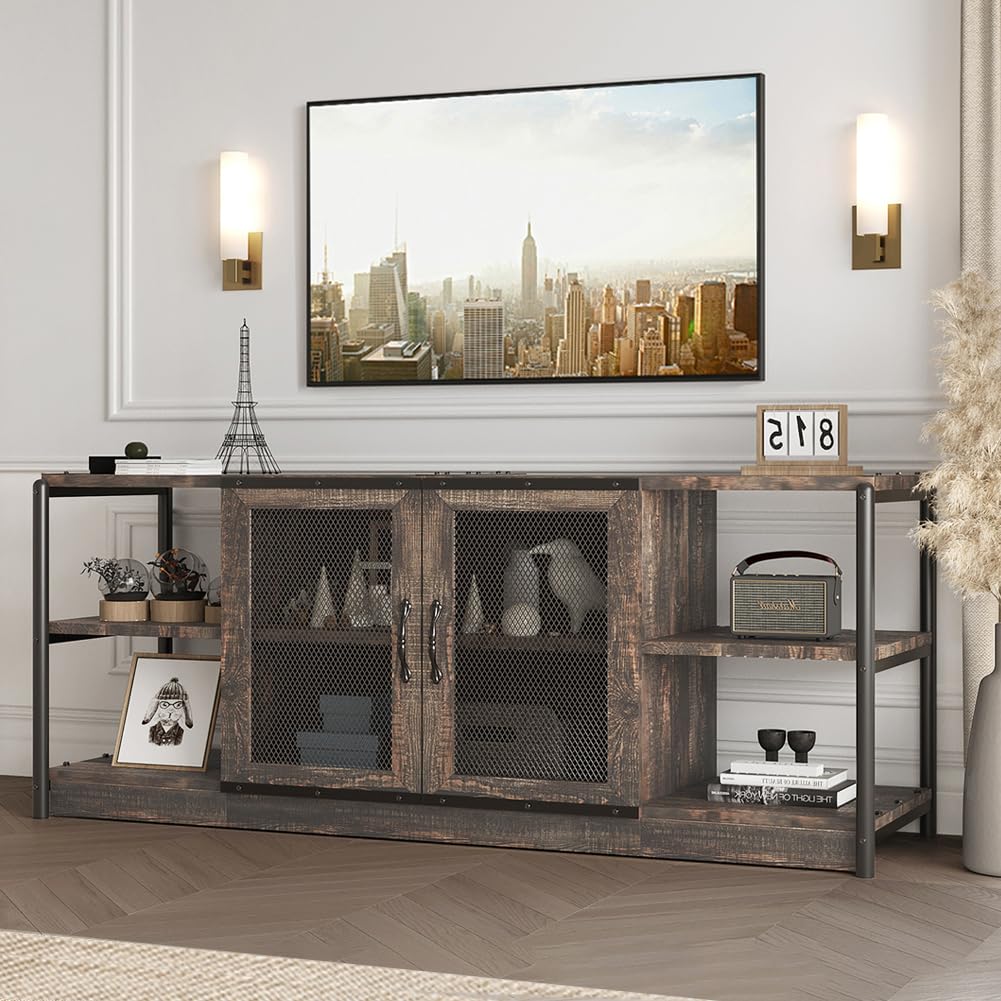 IDEALHOUSE TV Stand for 65+ Inch TV, Industrial Entertainment Center TV Media Console Table, Farmhouse TV Stand with Storage and Mesh Door, TV IDEALHOUSE