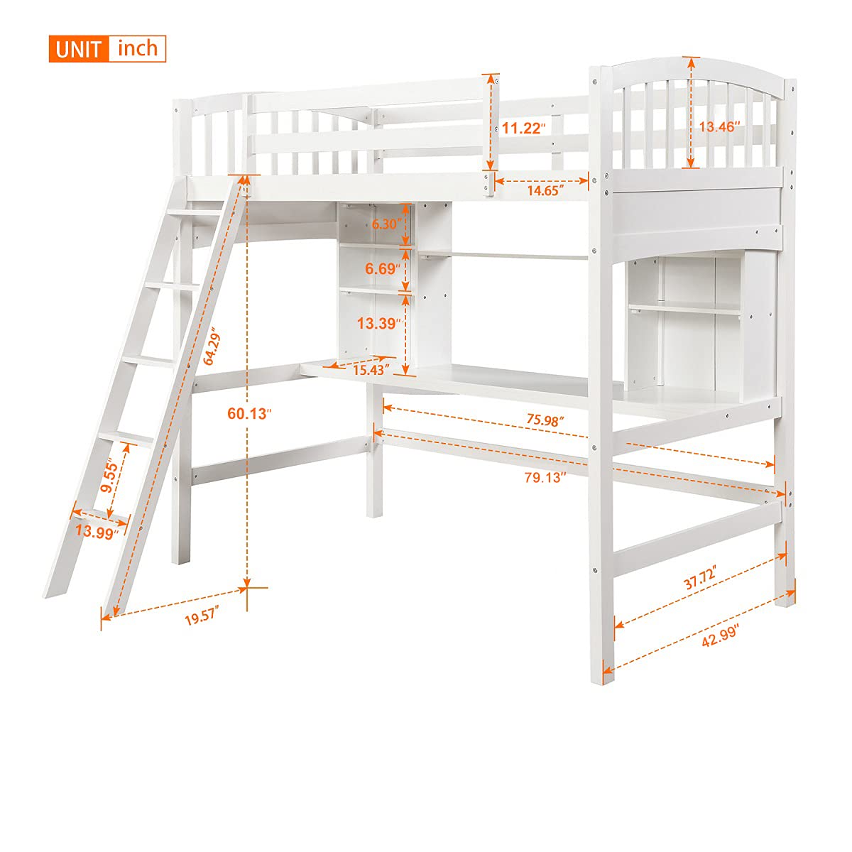 Merax Twin Loft Bed with Desk and Shelves - Solid Wood Frame in Gray Merax