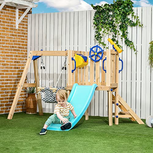 Outsunny 3 in 1 Wooden Swing Set Outdoor Playset with Baby Swing Seat, Toddler Slide, Captain's Wheel, Telescope, Kids Backyard Playground Equipment, Outsunny