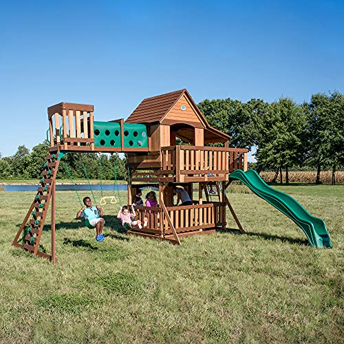 Backyard Discovery Woodridge Elite All Cedar Wood Swing Set, Upper and Lower Deck, Sandbox, Vented Tunnel, Rock Climbing Wall, Coated Rope Belted Backyard Discovery
