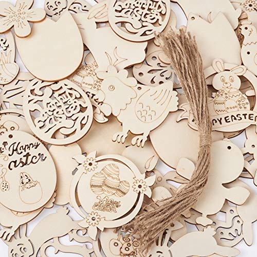 Pandahall 48Pcs Wooden Hanging Cutouts Ornaments Mixed Shapes Unfinished Wood Easter Ornaments with Hemp Cord for Hanging Decoration, Crafts DIY PH PandaHall