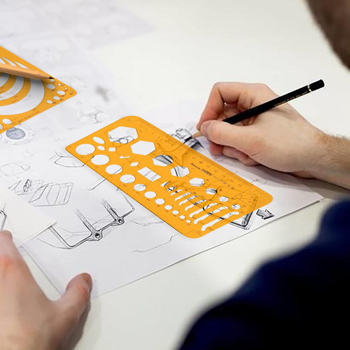 KESAPLAN 9 PCS Geometric Drawings Templates, Drafting Stencils Measuring Tools, Plastic Clear Orange Multi-Function Measuring Rulers with French KesaPlan