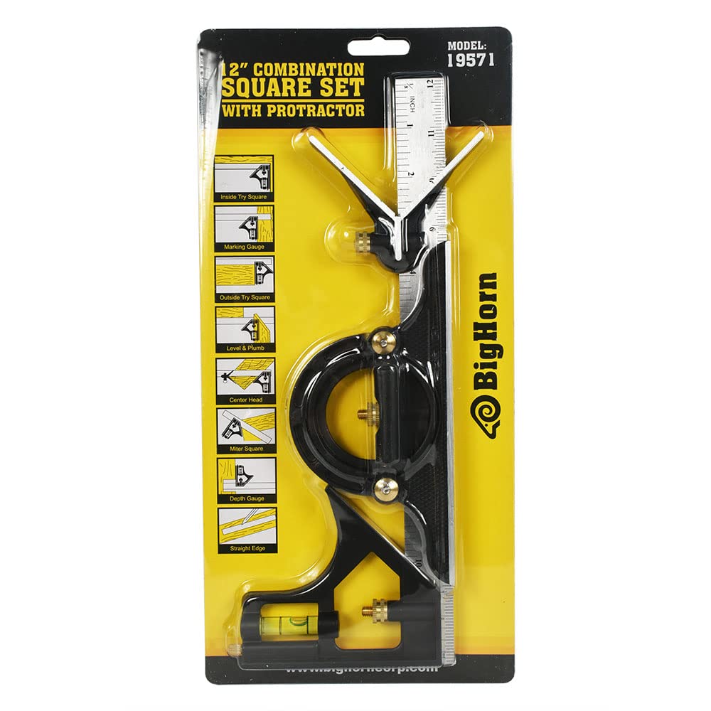 Big Horn 19571 12 Inch Combination Square Set Includes Protractor BIG HORN
