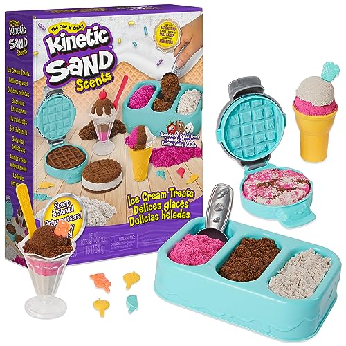 Kinetic Sand Scents, Ice Cream Treats Playset with 3 Colors of All-Natural Scented Play Sand & 6 Serving Tools, Sensory Toys, Christmas Gifts for Kinetic Sand