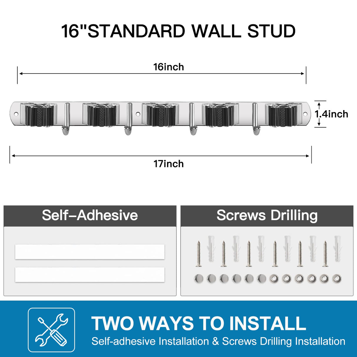 IMILLET 2 Pack Wall Mount Broom Holder Stainless Steel 5 Racks with 4 Hooks Broom Organizer Self Adhesive Heavy Duty Laundry Room, Garage IMILLET