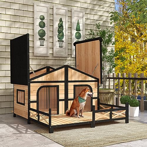 PawHut Wooden Large Dog House Outdoor Double XL Dog Kennel with Elevated Floor and Porch, Weatherproof Puppy Shelter for Small and Medium Breed Dogs, PawHut