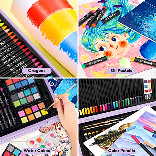 iBayam Art Supplies, 150-Pack Deluxe Wooden Art Set Crafts Drawing Painting Kit with 1 Coloring Book, 2 Sketch Pads, Creative Gift Box for Adults iBayam