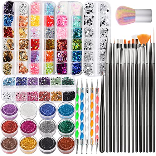 FANDAMEI Nail Art Brush, Nail Design Tools Kit with Nail Art Brushes, Nail Dotting Tools,Fine Glitter,Nail Butterfly, Nail Heart Sequins, Foil Fandamei