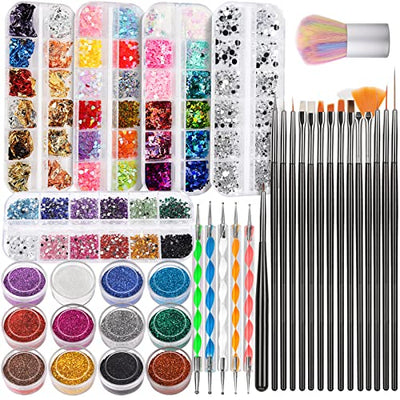 FANDAMEI Nail Art Brush, Nail Design Tools Kit with Nail Art Brushes, Nail Dotting Tools,Fine Glitter,Nail Butterfly, Nail Heart Sequins, Foil