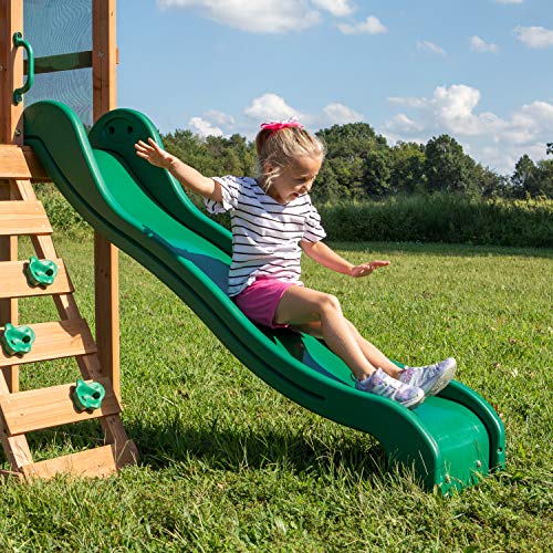 Backyard Discovery Buckley Hill Wooden Swing Set, Made for Small Yards and Younger Children, Two Belt Swings, Covered Mesh Fort with Canopy, Rock Backyard Discovery