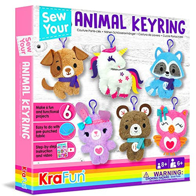 KRAFUN Unicorn Sewing Keyring Kit for Kids Age 7 8 9 10 11 12 Learn Art & Craft, Includes 6 Stuffed Animal Bear, Dog, Rabbit, Raccoon, Owl Dolls,