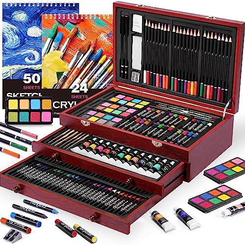 175 Piece Deluxe Art Supplies, Art Set with 2 A4 Drawing Pads, 24 Acrylic Paints, Crayons, Colored Pencils, Art Kit for Adults Artist Beginners Kids COOL BANK