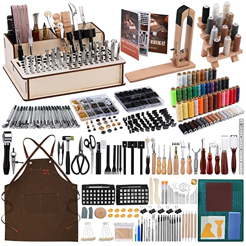 628Pcs Leather Working Tooling Set for Beginners, Starter Leather Working and Tool Supplies with Leather Pony, Tooling Box, Punch Tools, Sewing Tikjiua