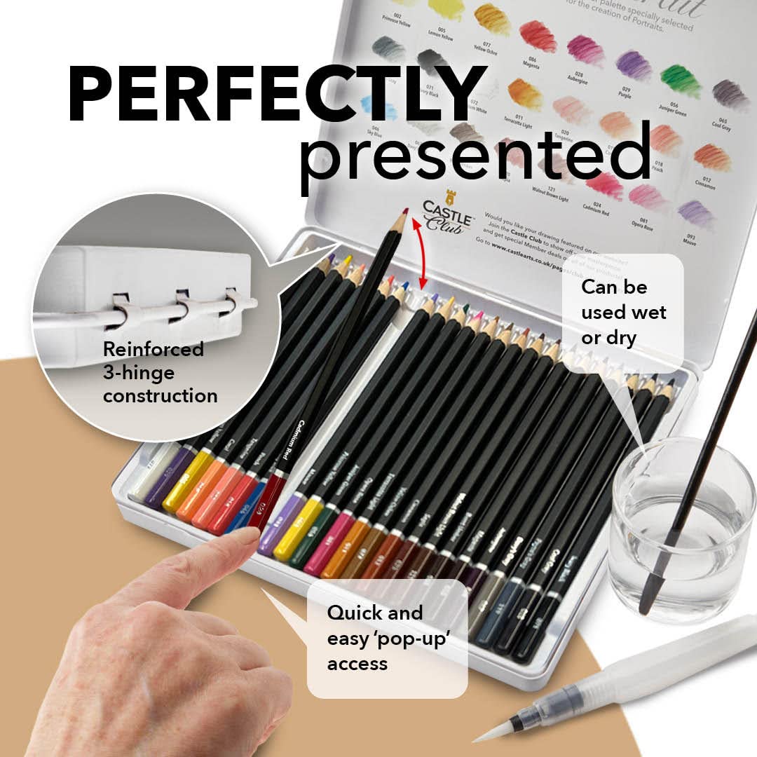 Castle Art Supplies Portraits Themed Watercolor Pencils Set | 24 Quality, Selected Vibrant Colors | Draw and Paint at the Same Time | For Adult Castle Art Supplies