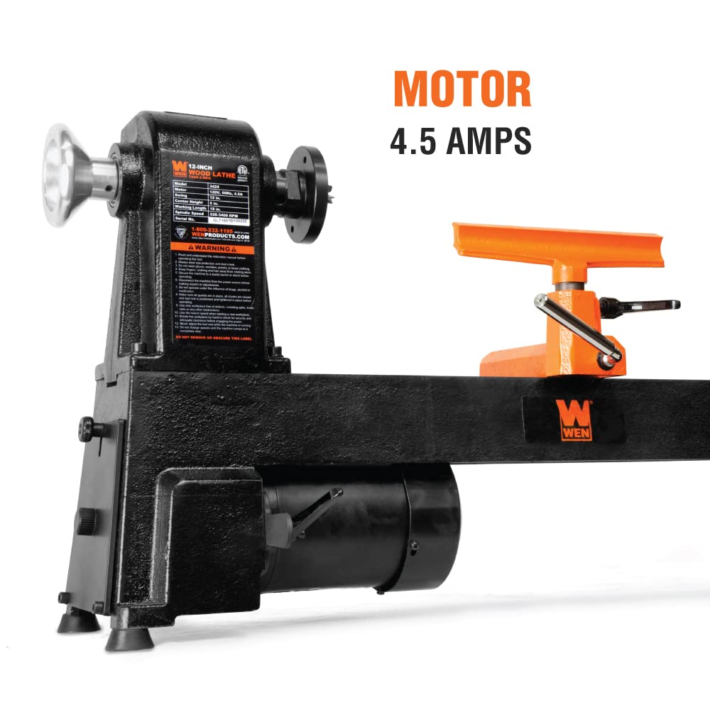 WEN LA3424 4.5-Amp 12-Inch by 18-Inch 5-Speed Benchtop Wood Lathe , Black WEN