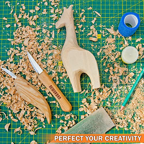 Wood Carving Kit for Beginners - Whittling kit with Giraffe - Linden Woodworking Kit for Kids, Adults - Wood Carving Stainless Steel Knife with NEWURBAN