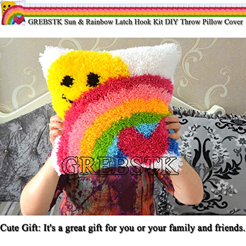 GREBSTK Latch Hook Kit DIY Throw Pillow Cover Sofa Cushion Cover Sun & Rainbow Pattern Paint Cross Stitch 16X16 inch GREBSTK