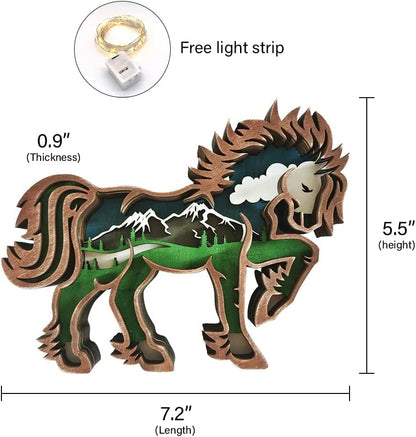 iDOTODO Horse and Mountains Layered Wooden Carved Ornament with Lights, Forest Animal Multi-Layered 3D Decor