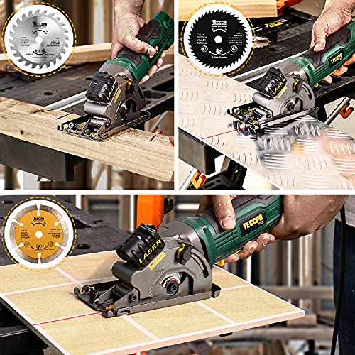 Mini Circular Saw, TECCPO 4.8Amp Compact Circular Saw, 3700RPM, with Laser Guide, Scale Ruler, Vacuum Port, 3 Blades for Cutting Woods, Tile and Soft TECCPO