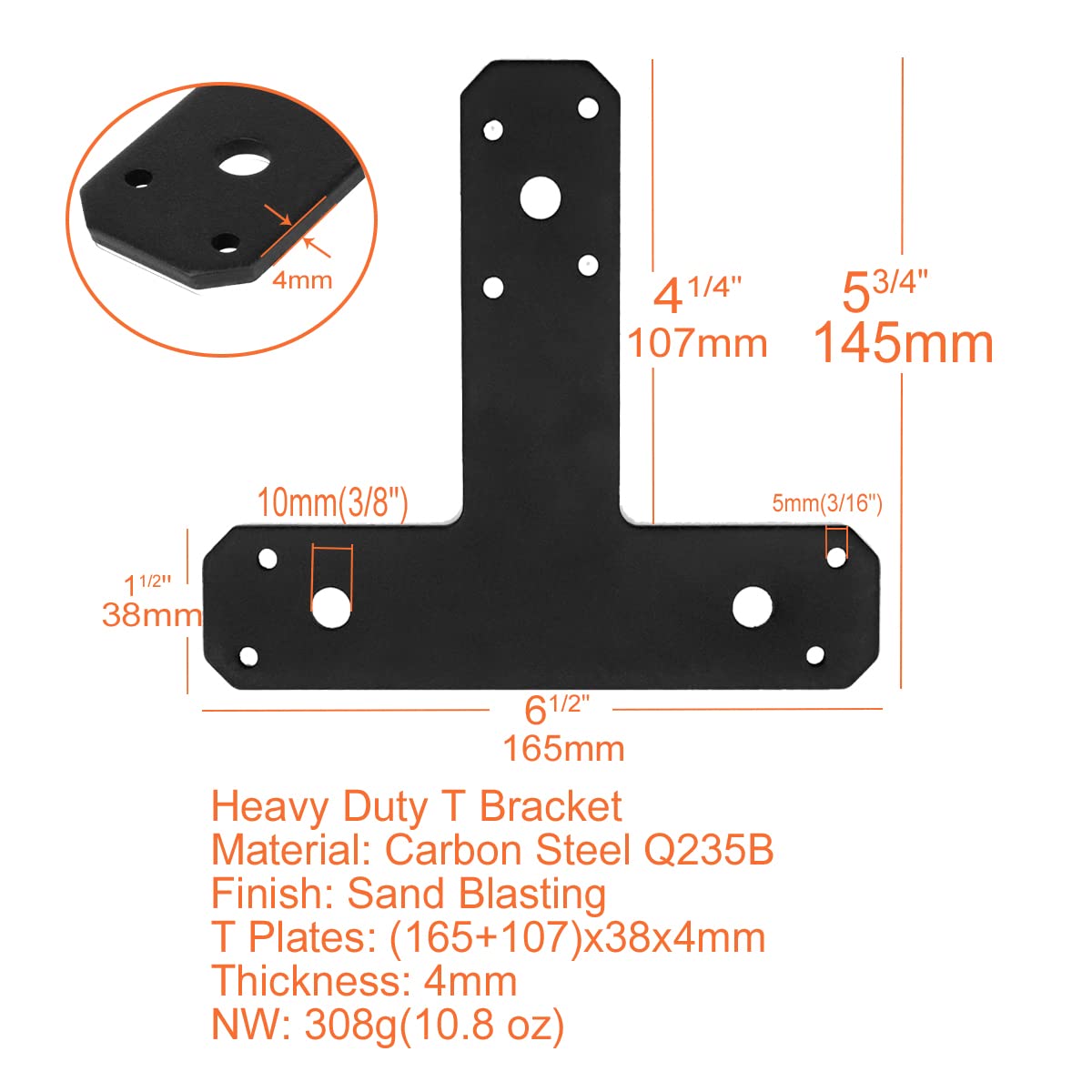6 Pack Steel T Bracket for Wood, Black Pergola Brackets, Heavy-Duty Mending Plates for Wood, Flat Straight Steel Repair Fixing T Plate Bracket, elifeconnection