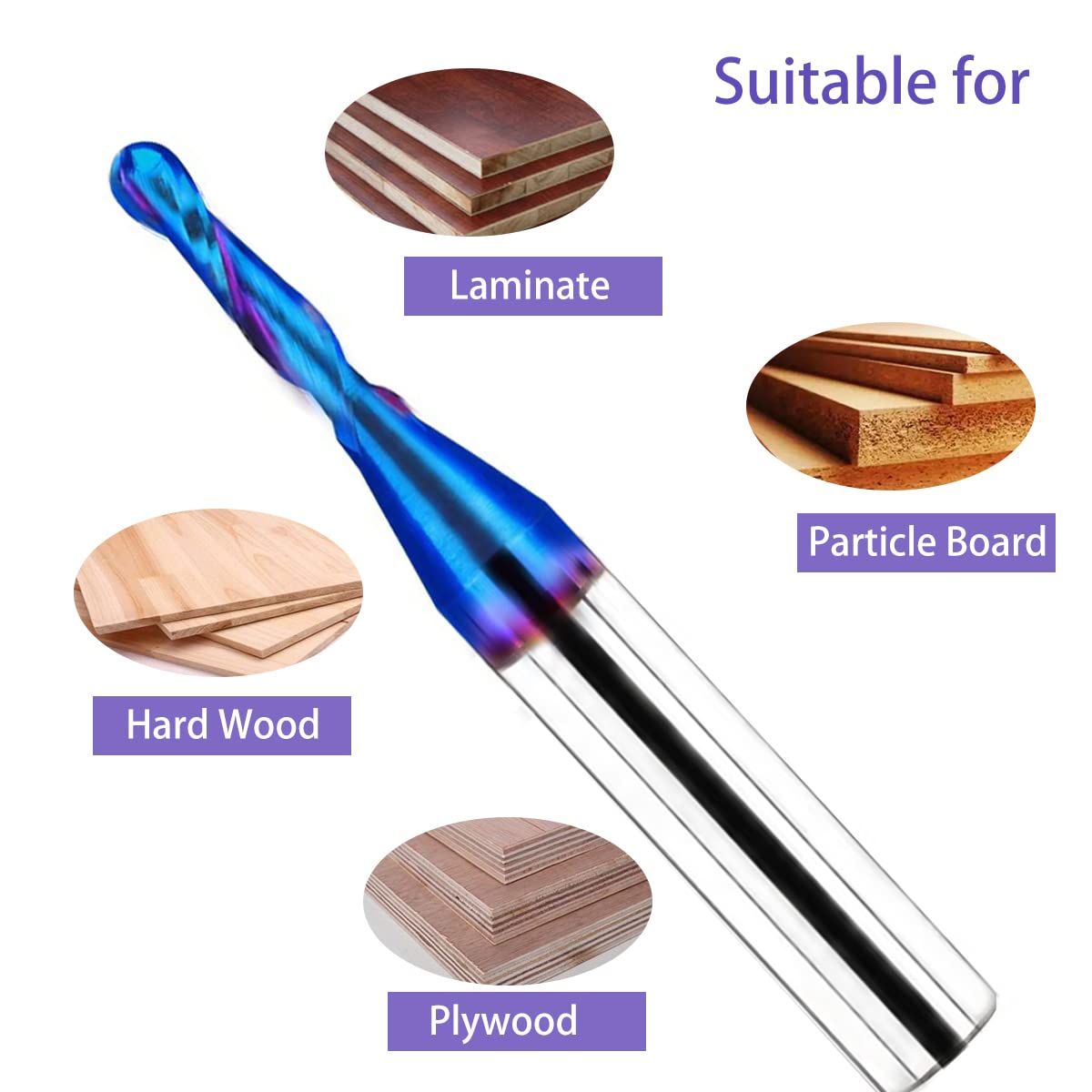 2PCS CNC Router bits Carbide Ball Nose End Mill with Nano Blue Coating 1/4inch Shank 1/8inch Cutting Dia for Side Milling End Milling, Finish RUHIWORKER FOR INDUSTRIAL USE ONLY