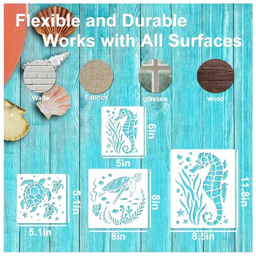 Ocean Stencils for Painting On Wood Turtle Seahorse Starfish Jellyfish Templates for Art Crafts Plastic Reusable Wood Burning Stencils for Wall Pkqon