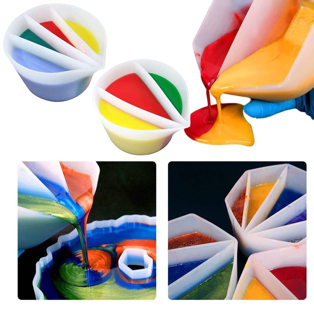 4 Pack Split Cups for Paint Pouring + 2 Pcs Stir Stick, Silicone Paint Pour Cup Resin with 2-5 Channels Dividers Pouring Painting Tools for DIY IOUALEY