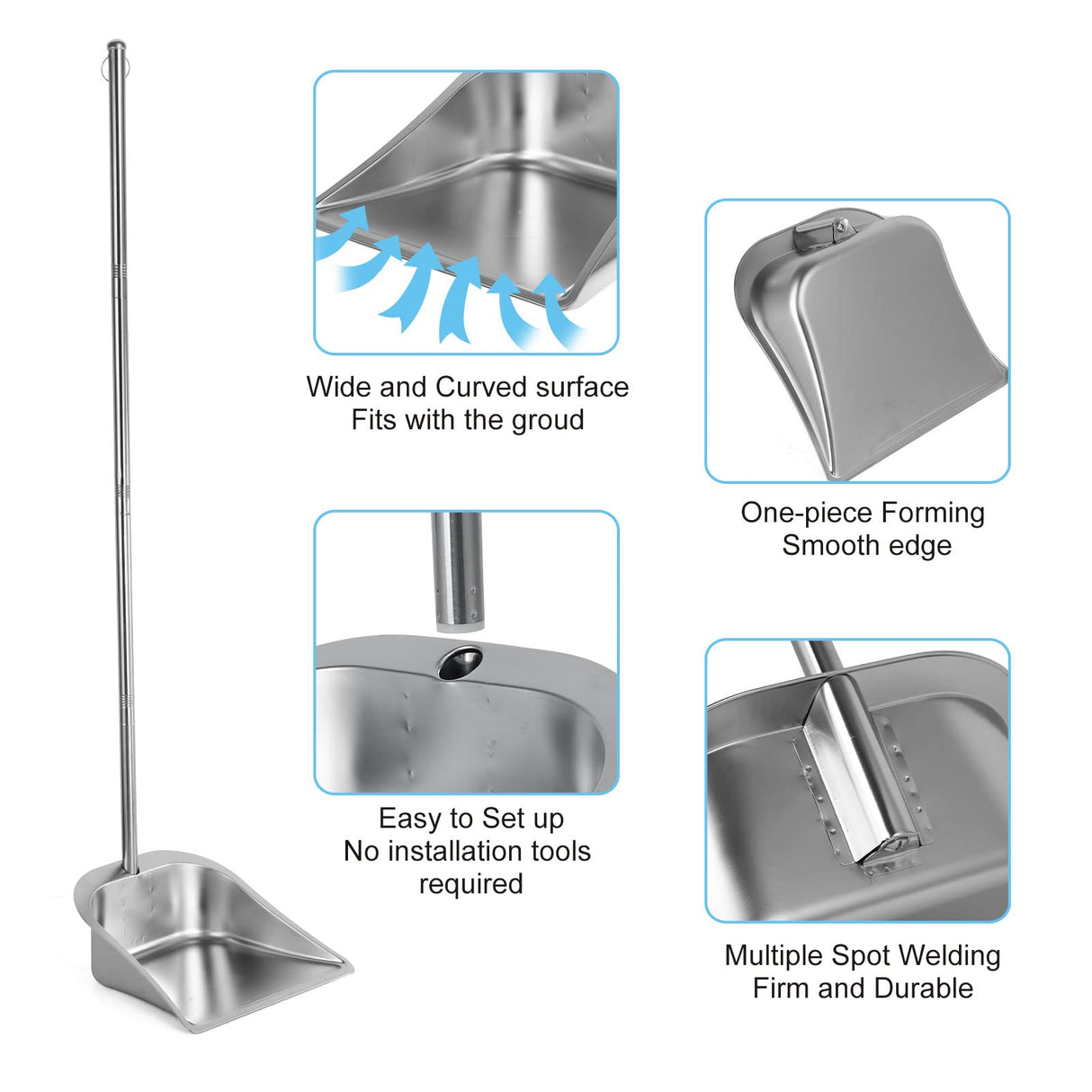 Heavy Duty Dustpan with Long Handle, VOOWO 43" Stainless Steel Dust Pan Standing Upright Dustpan, Indoor Outdoor Dust Pan with Handle for Kitchen and VOOWO