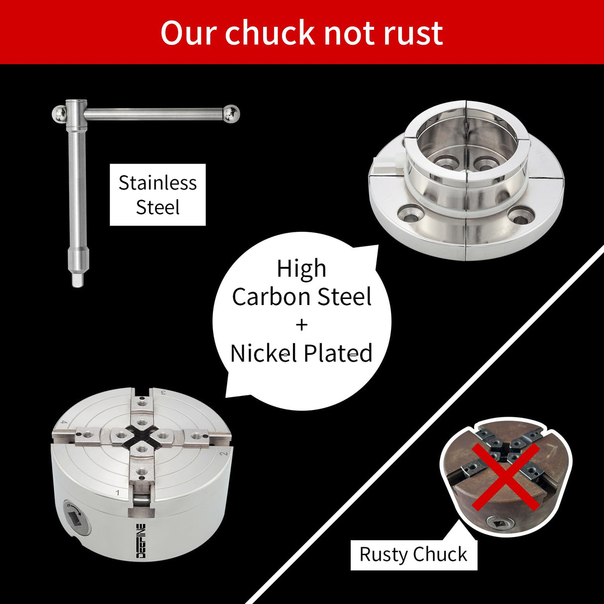 DEEFIINE 4 Inch Wood Lathe Chuck Set 1" x 8TPI Thread & 3/4"x16TPI Adapter, Nickel Plated Self-Centering 4 Jaw Wood Turning Chuck.(1 jaw) DEEFIINE