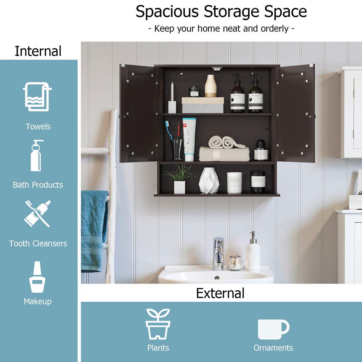 Tangkula Bathroom Cabinet Wall Mounted with Double Mirror Doors, Wood Hanging Cabinet with Doors and Shelves, Bathroom Wall Mirror Cabinet (Brown) Tangkula