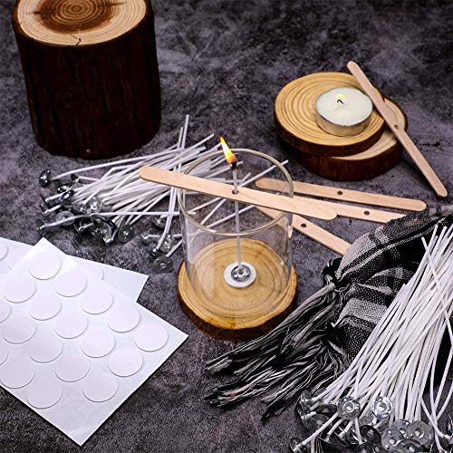 Bulk Candle Wicks 100 Pcs with 60Pcs Candle Wick Stickers and 10 Pcs Wooden Candle Wick Centering Device for Soy Beeswax Candle Making (6inch) ANTUNIHOD