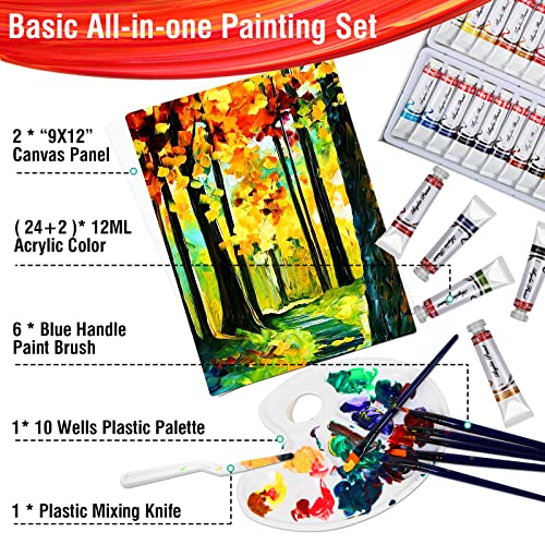 Falling in Art 34 Pieces Acrylic Paint Set - Canvas Painting Kit with 26 Acrylic Paints, Nylon Brushes, Plastic Palette, Mixing Knife for Kids, Falling in Art