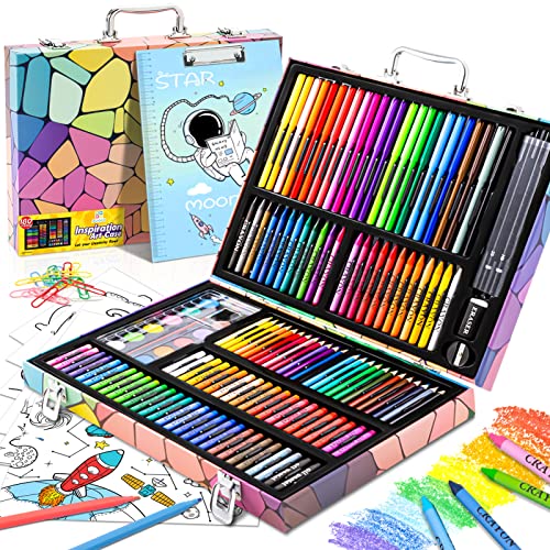 POPYOLA Art Supplies, 180 Piece Drawing Painting Art Kit with Clipboard and Coloring Papers, Gifts Art Set Case with Oil Pastels, Crayons, Colored POPYOLA