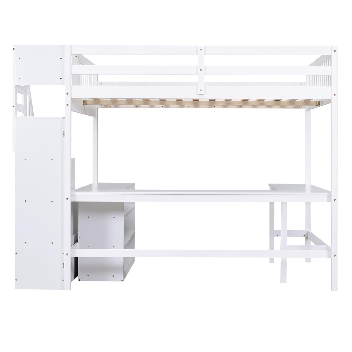 Full-Size White Loft Bed with Desk, Stairs, and Storage for Kids, Teens, and Adults Bellemave