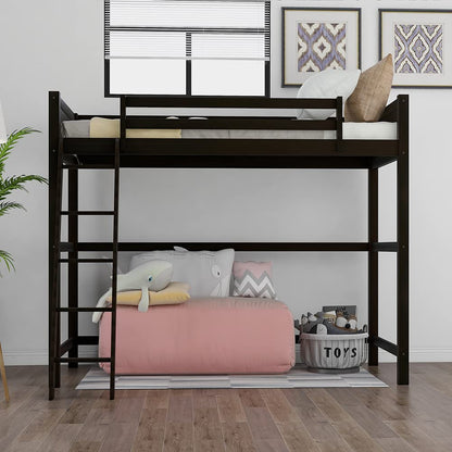 Majnesvon Wood Twin Loft Bed with Ladder and Storage Shelves/High Loft Bed for Boys Girls Teens/14 Solid Wooden Slats Support/No Box Spring