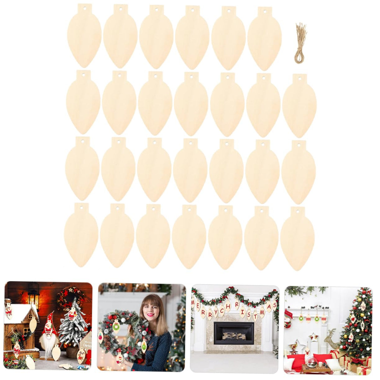 Artibetter 50pcs Christmas Wooden Cutout Unfinished Light Bulb Wooden Slices DIY Wooden Slice with Rope Wooden Christmas Ornaments Decor Kindergarten ARTIBETTER