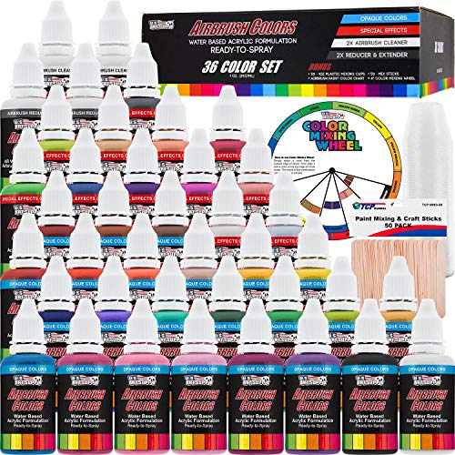 U.S. Art Supply 36 Color Deluxe Acrylic Airbrush, Leather & Shoe Paint Set with Cleaner, Thinner, 50-Plastic Mixing Cups, 50-Wooden Mix Sticks and U.S. Art Supply