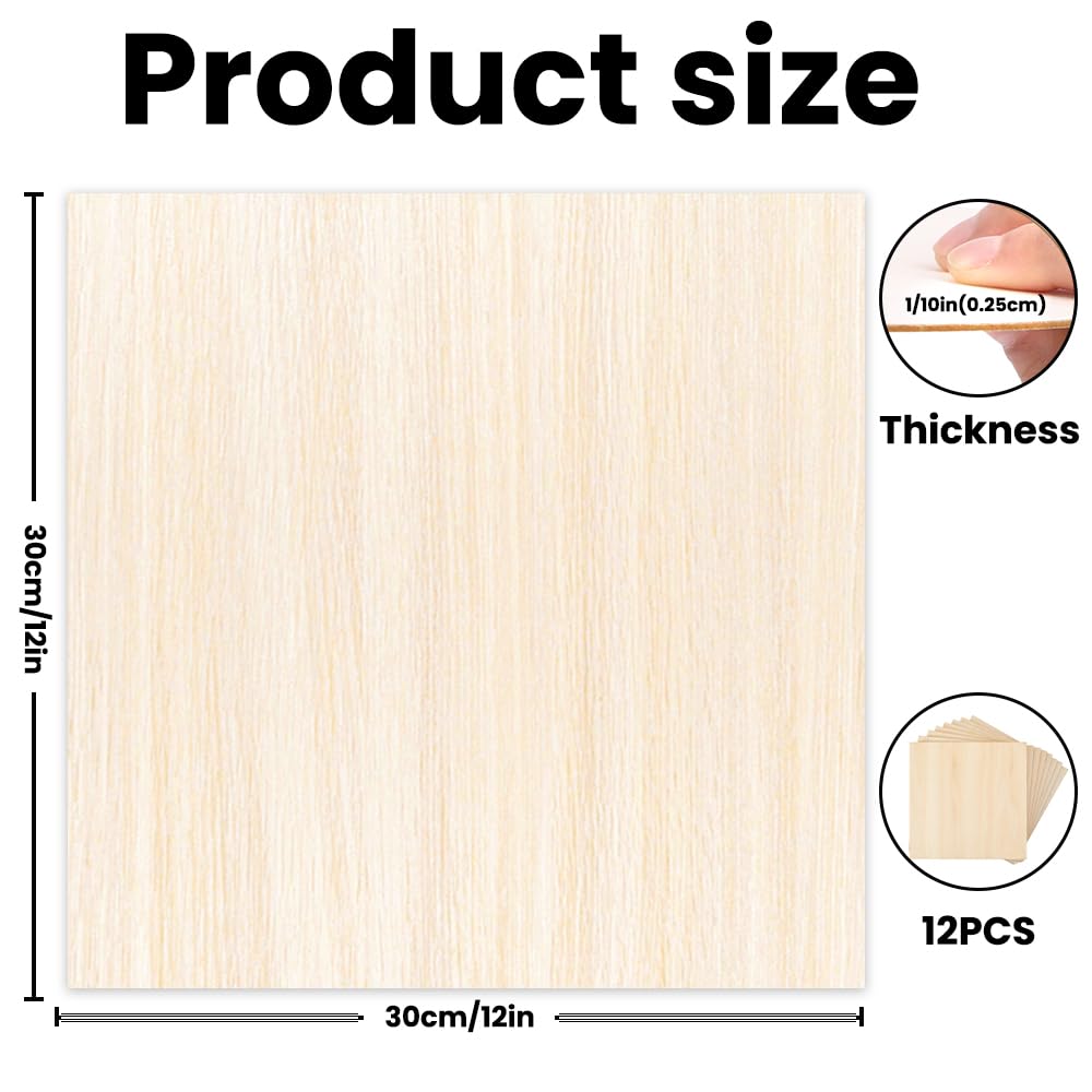 DIYDEC 12 Pack Basswood Sheets 12x 12 x 1/10 Inch Thin Plywood Wood Sheets Unfinished Wood Squares Boards Balsa Wood Sheets for Crafts Architectural DIYDEC