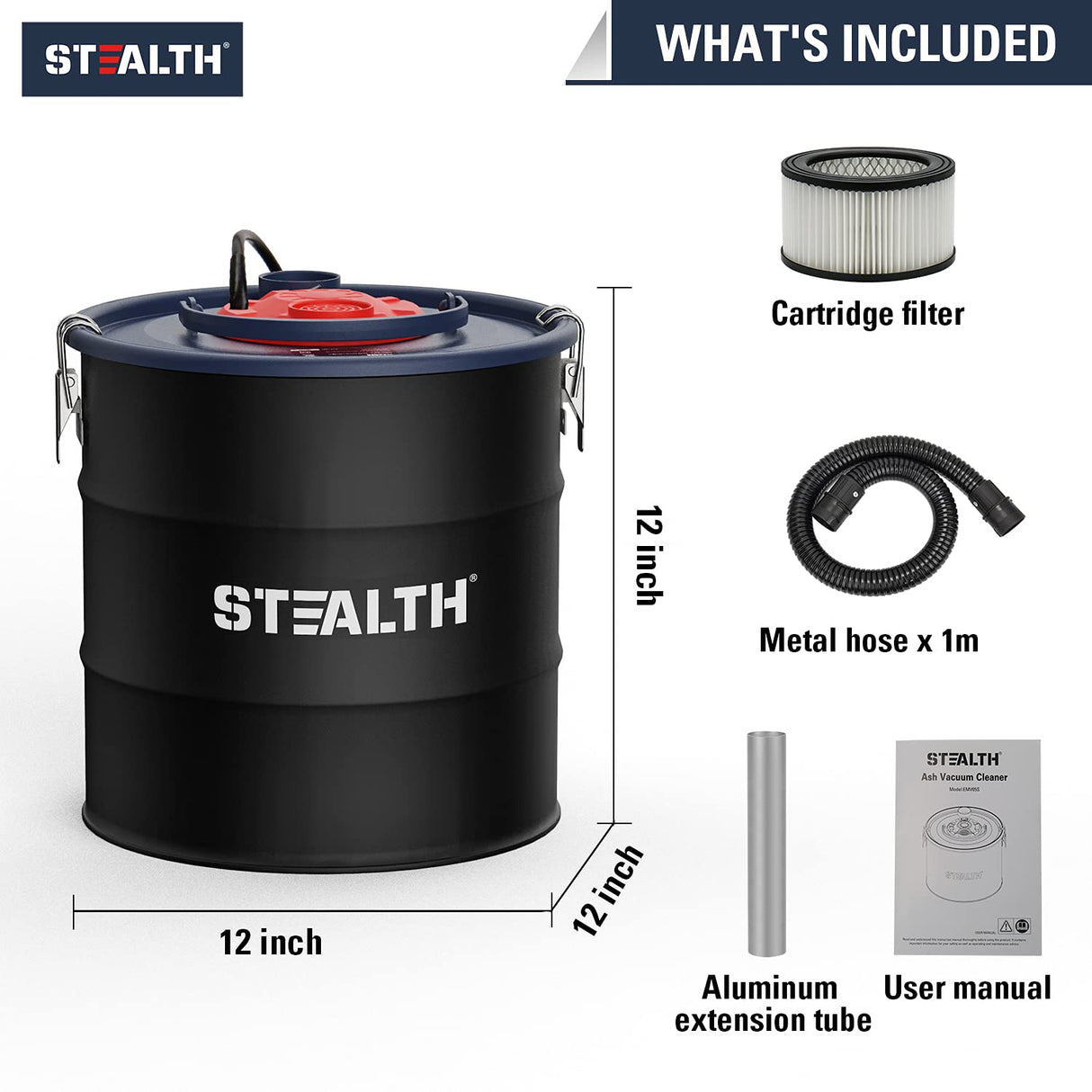 Stealth 4.8 Gallon Ash Vacuum, Portable Ash Vac with Powerful Suction for Fireplaces, Wood Burning Stoves, Bonfire Pits, Pellet Stoves, Model: EMV05S Stealth