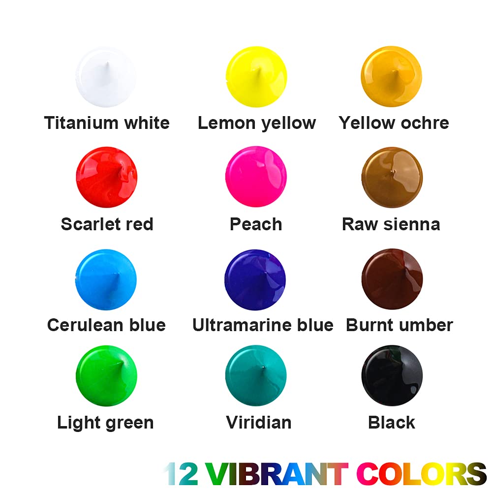 Transon 20pcs Artist Painting Brush Set and Acrylic Paint Set 12-Color with 3 Paint Brushes TRANSON