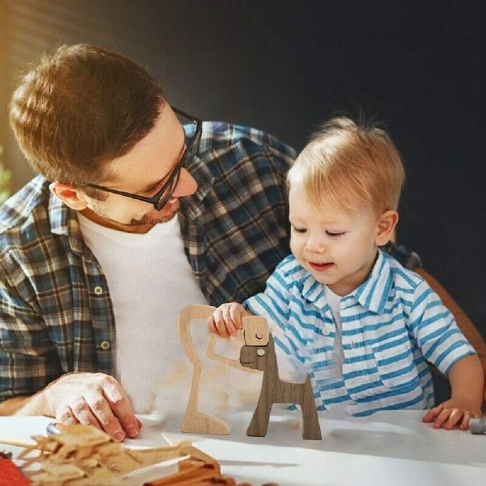 FHTDW Unique Gift Hand Carved Wood Dog Human Statue Figurine Sculpture Home Office Décor, Wooden Man Dog Carving Model to Remember Friendship Between FHTDW