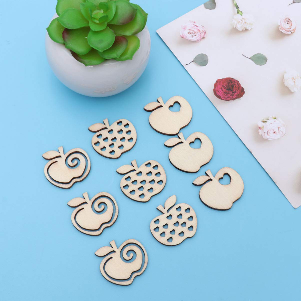Amosfun 100pcs Wooden Apple Cutout Unfinished Mini Wood Apple Pieces Slice Centerpiece Embellishment for Xmas Wedding Birthday Table Decor DIY Craft Amosfun